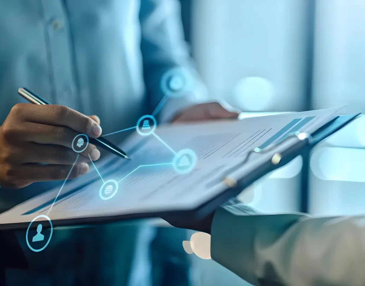 Business meeting with digital interface overlay