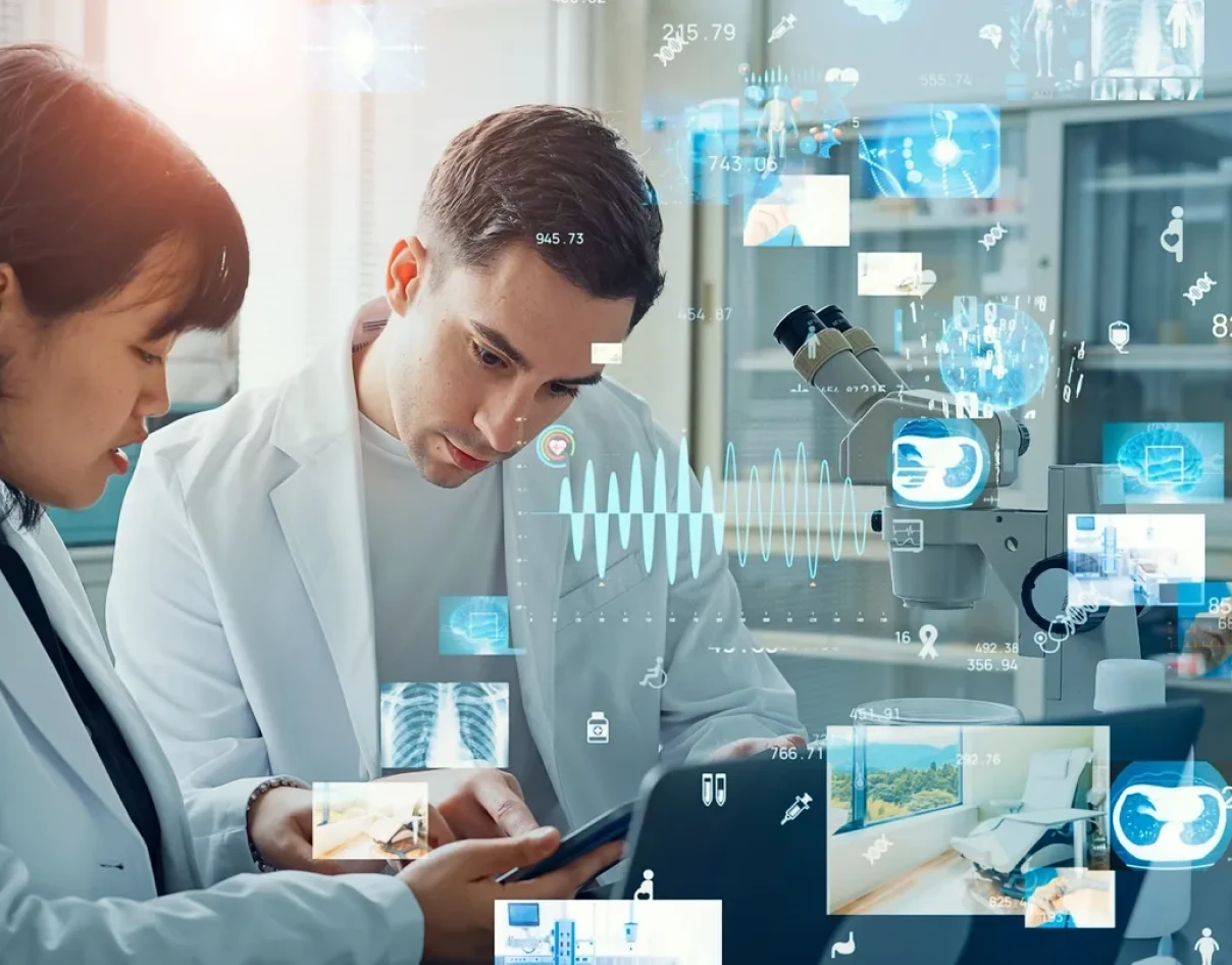 Scientists analyzing data with digital overlays